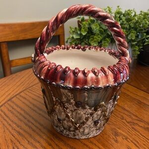 Vintage Porcelain Italian Art Pottery Majolica Earthenware Basket, Signed Artist